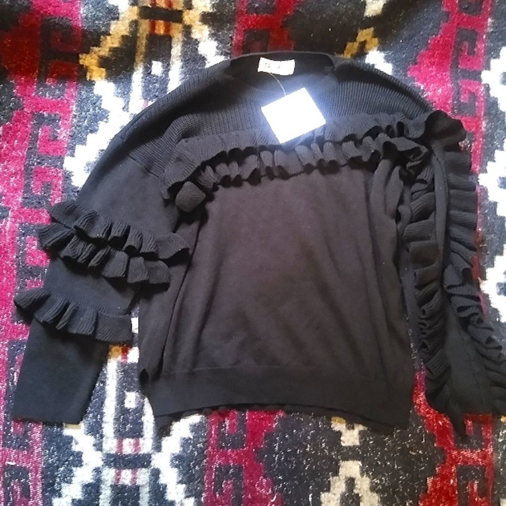 🆕 SEEK The Label Asymmetrical Ruffle Sleeve Boho Sweater Black Small